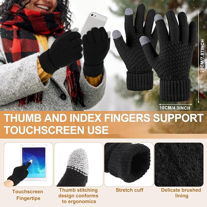 Geyoga 6 Pcs Winter Hat Scarf Gloves Set Knitted Touchscreen Gloves Plaid Scarf Earmuffs Socks Gift for Women Men