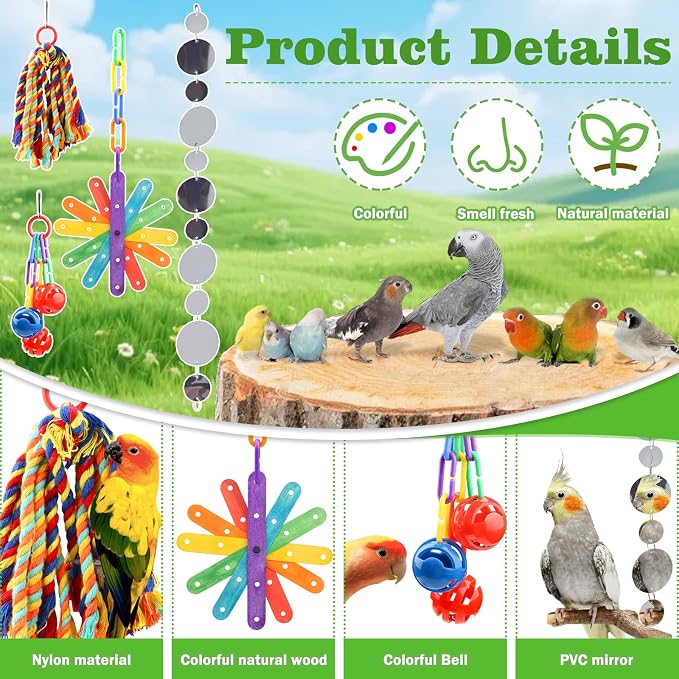 QUOZUO Small Bird Toys Parakeet Cage Accessories, Parakeet Toys, Swing Hanging Standing Chewing Toy, Bird Toys for Parakeets, Cockatiel, Parrot, 4pcs