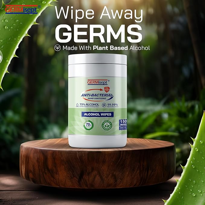 Germisept Hand Sanitizing Wipes - 75% Alcohol Wipes in Easy Dispensing Canisters - Durable Traction Cleaning - Enriched With Aloe (4 Canisters = 600 Wipes)
