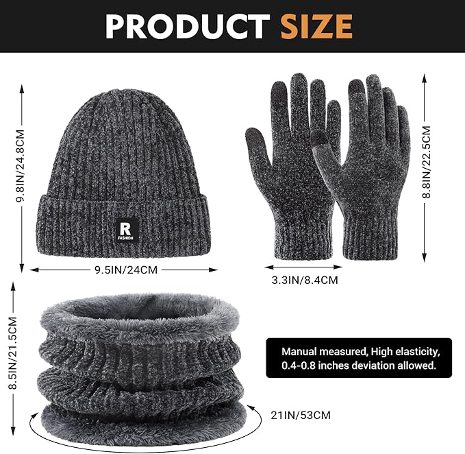 Winter Beanie Hat Circle Scarf Gloves Set for Men Women, Thick Warm Chenille Skull Cap Touchscreen Gloves Neck Warmer