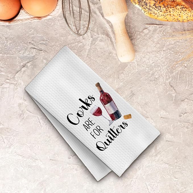 Funny Red Wine Kitchen Towels, Wine Lover Gifts Dish Tea Bar Towels for Kitchen Bar Cart Decor, Corks are for Quitters Decorative Hand Towels, 16x24 Inches
