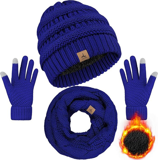 Winter Beanie Hat Scarf Gloves, Warm Fleece Knit Hats Touch Screen Gloves Neck Scarf Set Winter Gifts for Unisex Adult