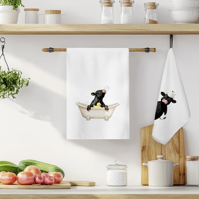 Funny Black Cow Bathroom Hand Towels, Gifts for Cows Lovers, Rubber Duck Cute Cow Decorative Hand Towels for Bathroom Washroom Restroom, 16x24 Inch Set of 2