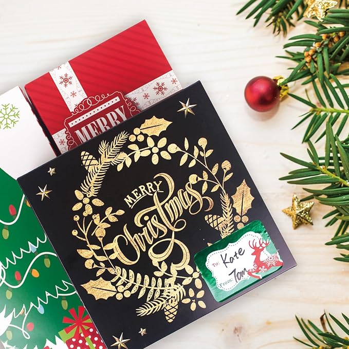14 Decorative Christmas Gift Boxes with Lids and 80-Count Foil Christmas Gift Tag Stickers (Assorted size, 6 Rectangle, 4 Square, 4 Small Square)