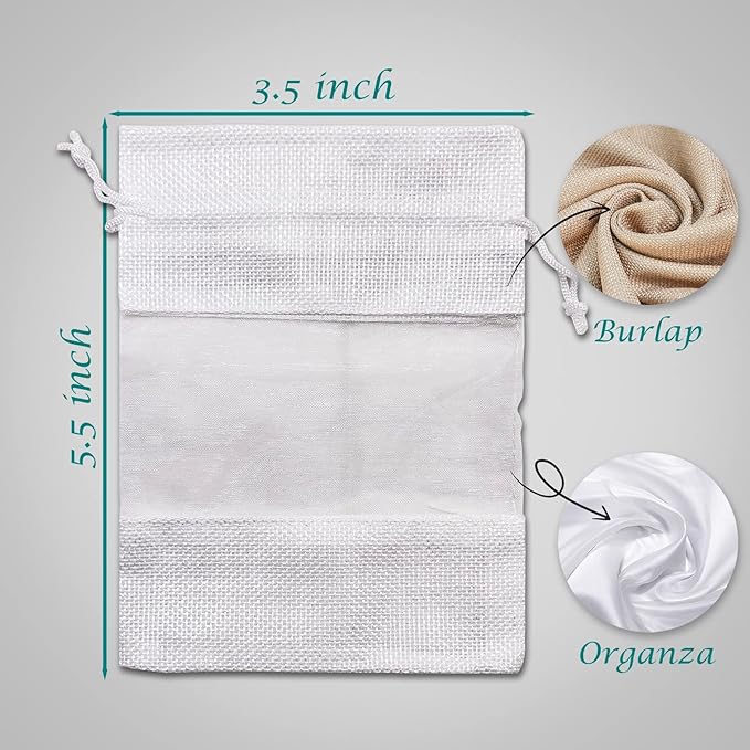 12-Pack Small Linen Burlap & Organza Gift Bags w. Drawstrings (3.5x5.5 in, White) - Party Favors, Presents, Samples & Treats Mesh Pouch by The Display Guys