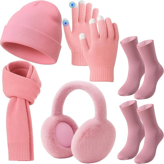 Geyoga 6 Pcs Women Winter Beanie Hat Scarf Gloves Ear Muffs Fuzzy Socks Set, Touchscreen Gloves for Thermal Gift Cold Weather