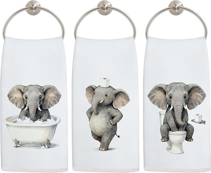 Funny Elephant Bathroom Hand Towels, Elephant Lover Gifts, Humor Bathing Elephants Animal Decorative Hand Towels for Bathroom Washroom Restroom, 16x24 Inch Set of 3