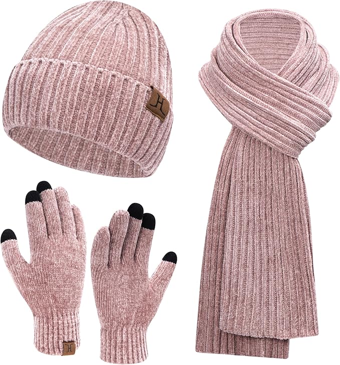 Womens Winter Knit Warm Hat Beanie Long Scarf Touch Screen Gloves Set Skull Caps Neck Scarves for Women