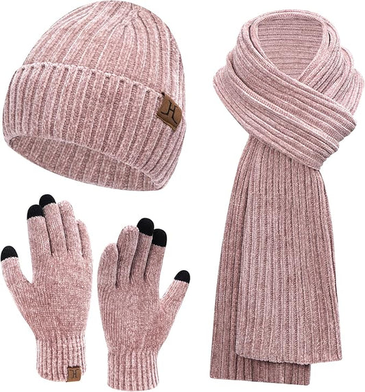 Womens Winter Knit Warm Hat Beanie Long Scarf Touch Screen Gloves Set Skull Caps Neck Scarves for Women
