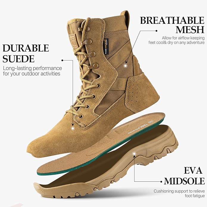 FREE SOLDIER Men's Work Tactical Boots 8 Inches Lightweight Combat Boots Durable Suede Leather Military Boot Desert Boot