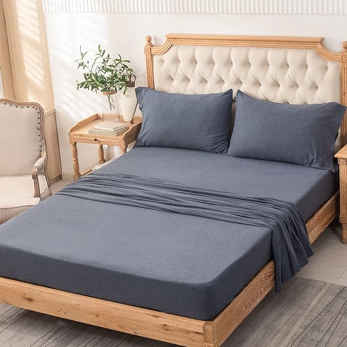 PURE ERA Jersey Knit 4pc Bed Sheet Set 100% T-Shirt Heather Cotton Super Soft Comfy Breathable Fits Mattress Up to 20" Extra Deep Pocket (Heather Navy Blue, Queen)