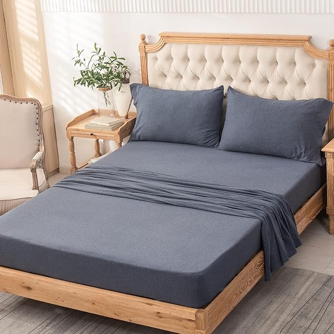 PURE ERA Jersey Knit 4pc Bed Sheet Set 100% T-Shirt Heather Cotton Super Soft Comfy Breathable Fits Mattress Up to 20" Extra Deep Pocket (Heather Navy Blue, King)
