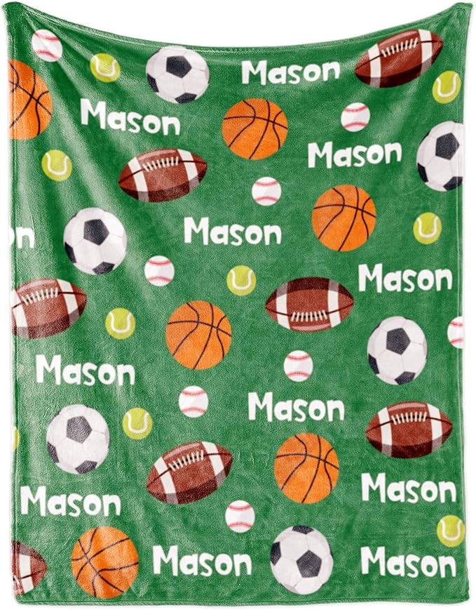 Custom Ball Blanket with Name for Boys, Personalized Name Blanket for Kids Ball, Soft Flannel Customized Gift for Birthday Christmas Baby Shower Children Day 40"x50"