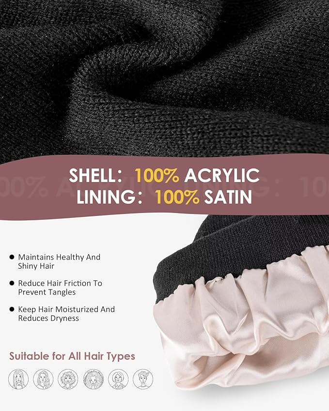Womens Satin Lined Beanie Scarf Gloves Set, Silk Lined Winter Hats Knit Scarf Gloves, Gift Set Stocking Stuffers For Women