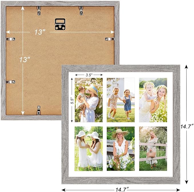 13x13 Collage frame with 6 Openings 4X6 Pictures, Multiple Picture Frame with Mat, Wall or Tabletop Decor, Grey Wood Grain,2 Pack