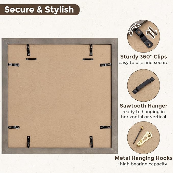 Fun Memories 16x16 Picture Frame, Square Wood Frames With Tempered Glass for Wall - Display Pictures 12x12 With Mat or 16x16 Without Mat, Grey, 1 Pack