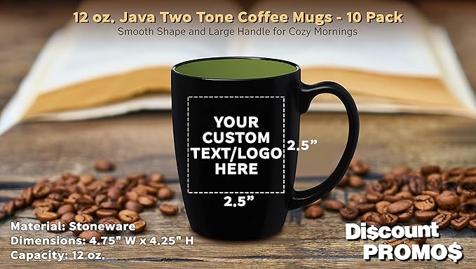 DISCOUNT PROMOS 10 Java Two Tone Coffee Mugs Set, 12 oz. - Customizable Text, Logo - Stoneware, Durable, Easy Grip - BLACKLIME