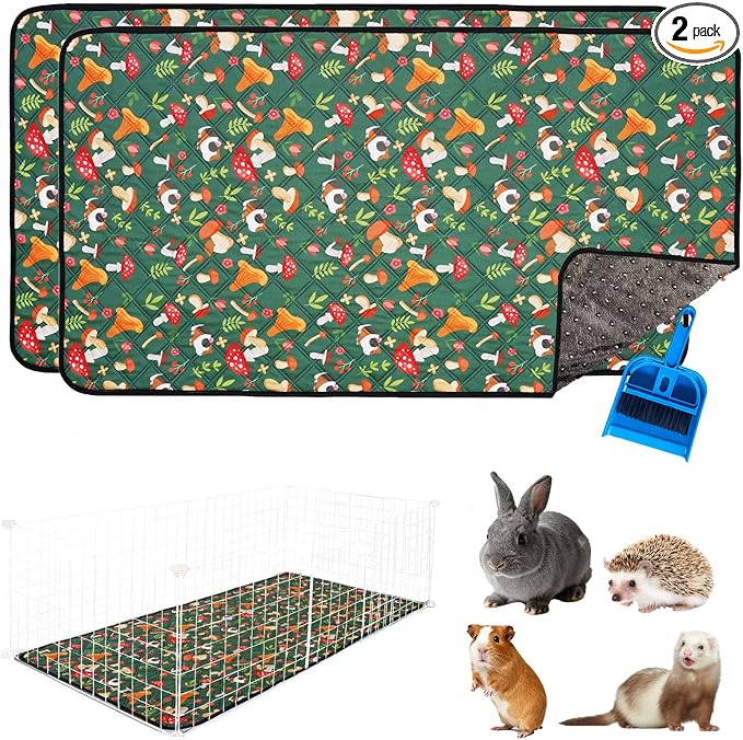 2 Pcs Guinea Pig Cage Liners 47 x 24 Washable Cage Pads Rabbit Bedding Reusable Absorbent Pee Pads for Small Animals Bunny Ferret Chinchilla Hamster (Green, 47×24'')