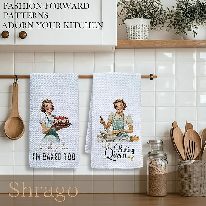 Funny Retro Baking Kitchen Towels, Baker Gifts for Women Dish Tea Towels for Kitchen, Gifts for Baking Lovers, Hostess Gift Decorative Hand Towel, 16x24 Inch Set of 2