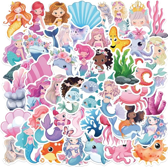 50Pcs Mermaid Sticker, Cute Marine Organism Stickers for Kids Teens Adults, Vinyl Cartoon Pink Animals Decals Kawaii Sticker for Decor Water Bottles Laptops Guitar Scrapbook (Mermaid)