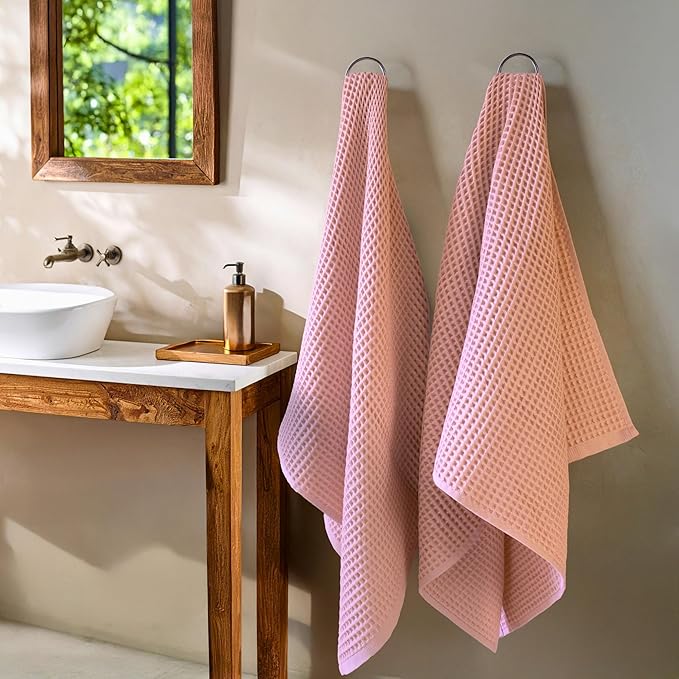 PÜSKÜL Premium Waffle Bath Towels Set of 2 - Organic 100% Turkish Cotton Bath Towel - Quick Dry, Absorbent, Light, Thin, 32x63 Large Waffle Towels for Bathroom (Pink Powder Bath Towels - Pack of 2)