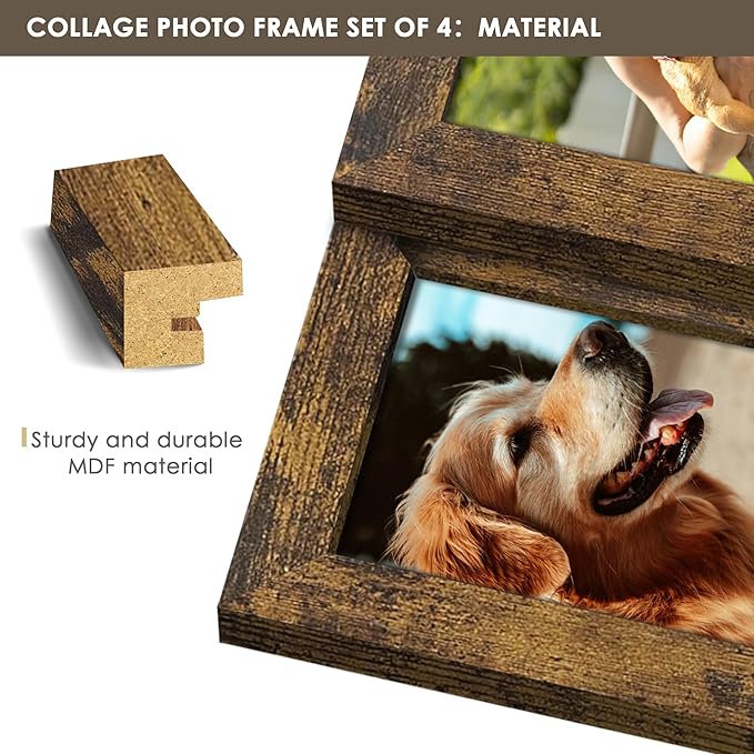 3.5x5 Picture Frame Tempered Glass Front Displays Four 3.5 x 5 Photos Frame Display for Tabletop and Wall Hanging Picture Frame Brown