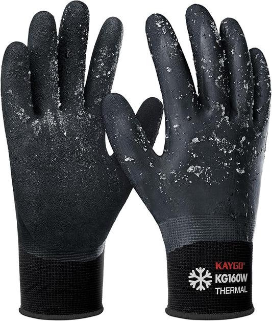 KAYGO Winter Waterproof Work Gloves for Men and Women, Thermal Insulated Freezer Rubber Coated Gloves,Super Grip,KG160 (Small,Black)
