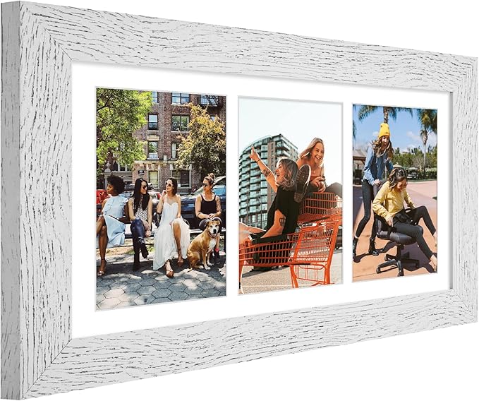 8x16 Picture Frame Display 3 opening Picture Frame 5x7 Collage,Multi Photo Frame with Mat,Plexiglass,Horizontal and Vertical Formats for Wall Decor,Distressed White Wood Grain