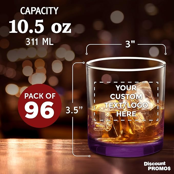 Custom Lexington Rocks Whiskey Glass 10.5 oz, Set of 96, Personalized Bulk Pack - Perfect for Scotch, Bourbon, Whiskey, Cocktail - Purple