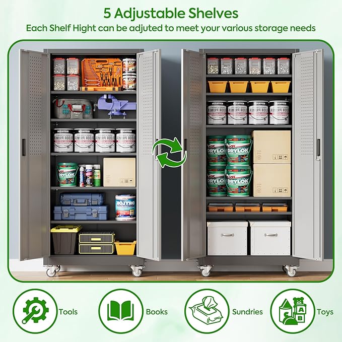 71" H Metal Garage Storage Cabinet with Wheels，Steel Storage Cabinet with Door,5 Adjustable Shelves and Pegboard for Garage Home,Required Assembly,Black &Dark Grey