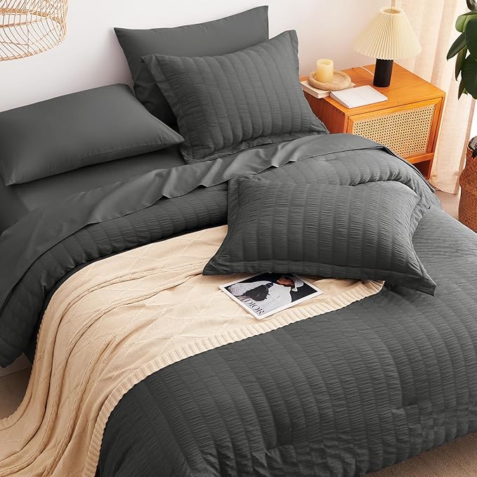 CozyLux California King Comforter Set with Sheets 7 Pieces, Dark Grey Seersucker Bed in a Bag Cal King Luxury Soft Bedding Sets with Down Alternative Comforter, Sheets, Pillowcases & Shams All Season