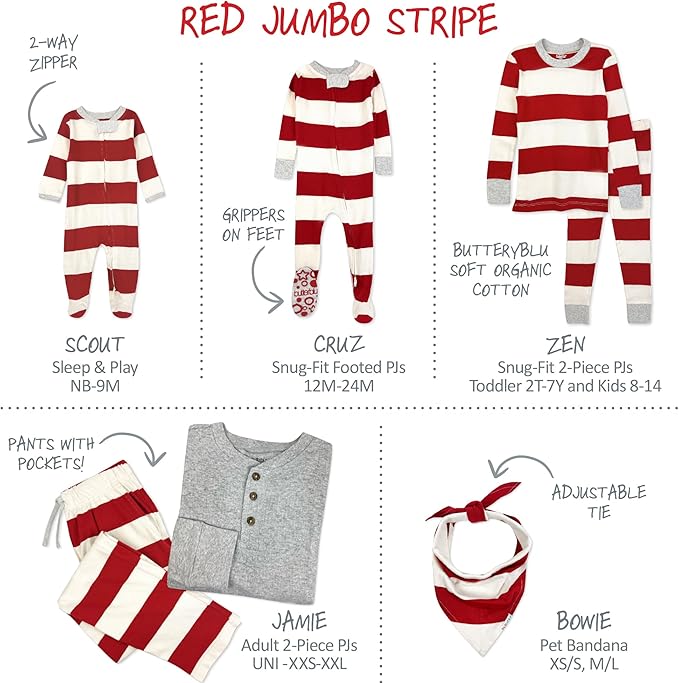 JAMIE Matching Family Jammies Holiday Pajamas 100% Organic Cotton PJs Adults, Kids, Toddlers, Baby, Pets
