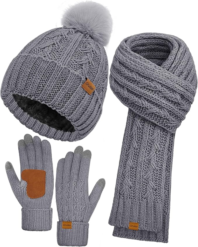 Womens Winter Beanie Hat Scarf Gloves Set, Fleece Lined Knitted Hat with Pompom Long Scarf Touchscreen Mittens for Women Men