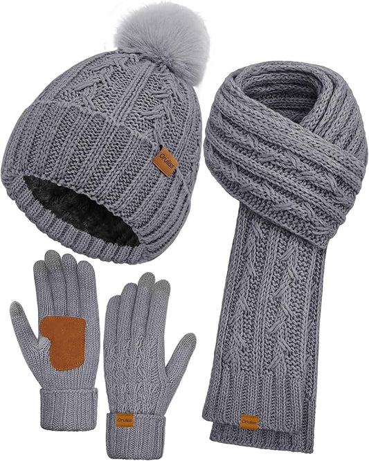 Womens Winter Beanie Hat Scarf Gloves Set, Fleece Lined Knitted Hat with Pompom Long Scarf Touchscreen Mittens for Women Men