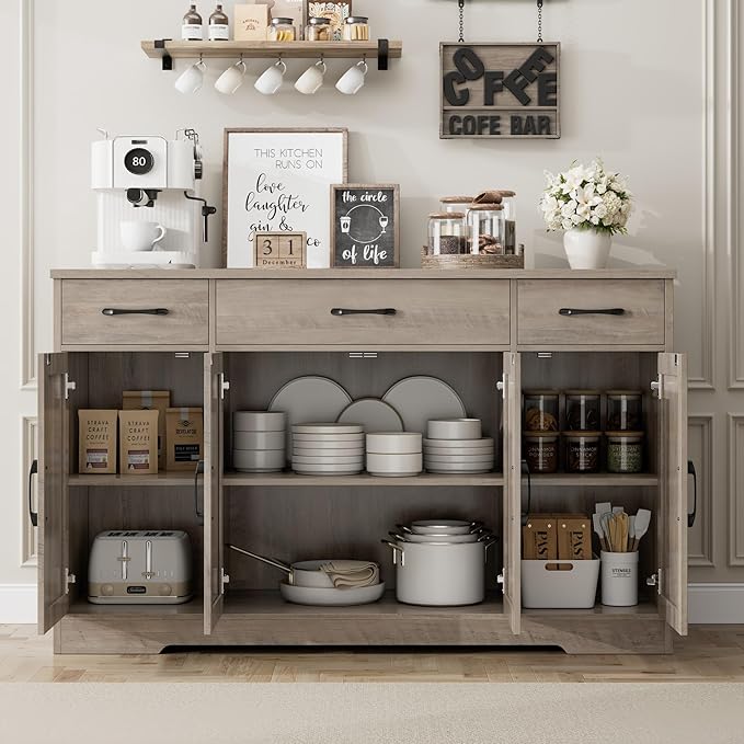 HOSTACK Buffet Sideboard Cabinet with Drawers, 55" Large Buffet Storage Cabinet with Shelves and Doors, Modern Farmhouse Coffee Bar Station for Kitchen, Dining Room, Ash Grey