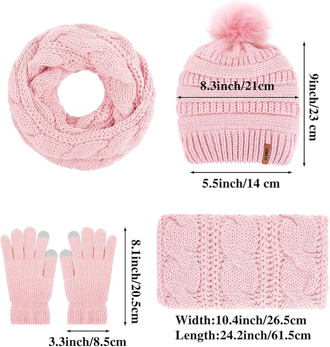 Aneco Womens Winter Warm Sets Knitted Fur Pompoms Beanie Hat Circle Loop Scarf Touch Screen Gloves Winter Favor Accessories
