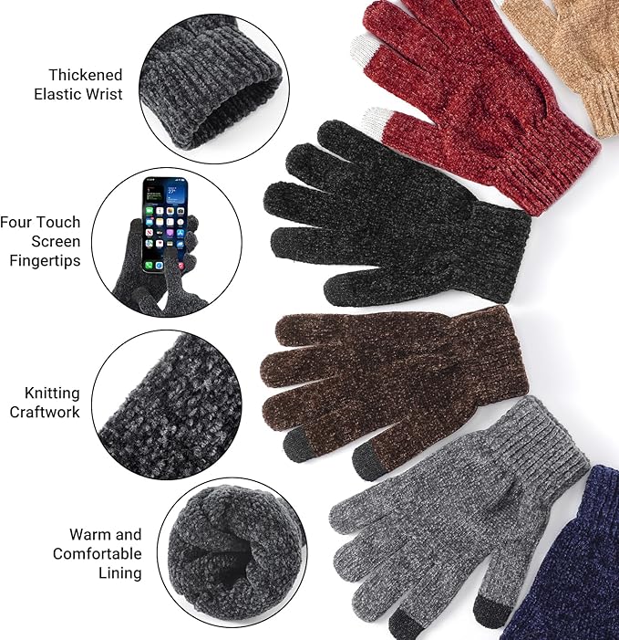 Winter Beanie Hat Circle Scarf Gloves Set for Men Women, Thick Warm Chenille Skull Cap Touchscreen Gloves Neck Warmer
