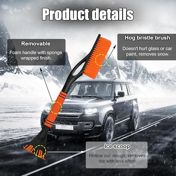 Car Snow Brush and Ice Scraper, Multi-Functional Detachable Snow Brush with Foam Grip, Ice Snow Removal Cleaning Tool for Car Windshield Window, Universal Car Accessories (Orange)