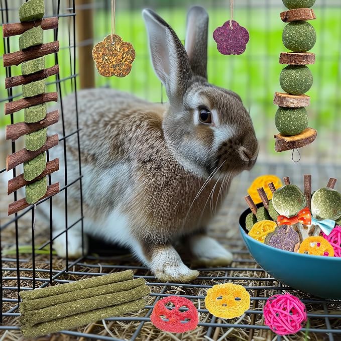 Jorewood 21 Pcs Rabbit Chew Toys for Teeth, Natural Bunny Toys Peach Wood Grass Timothy Sticks Chew and Treat for Guinea Pigs Hamster Chinchillas and Other Small Pets