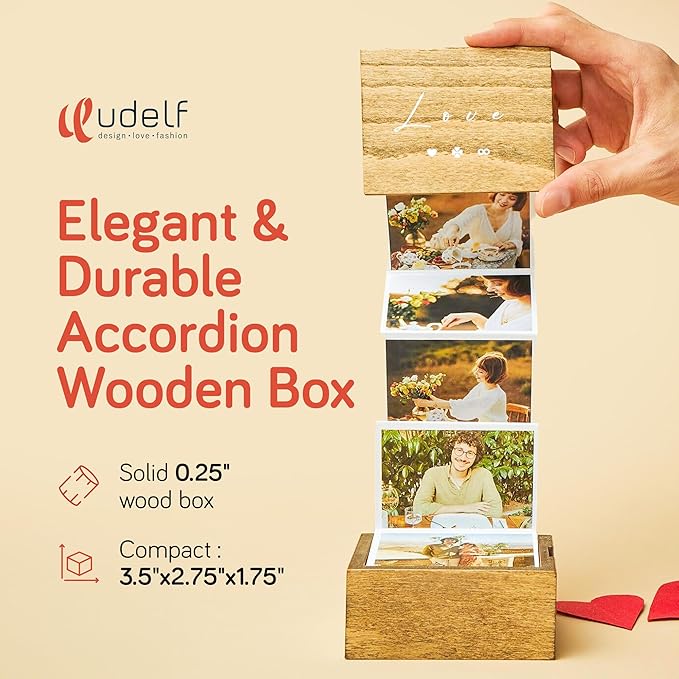 udelf Personalized Wooden Photo Box Gift with Accordion Picture Pull Out-Custom Gifts for Lover Husband Wife I Wedding Keepsake Box, Anniversary Box | Picture Box Gift I Holds 14 Photo Prints, 3""x2""