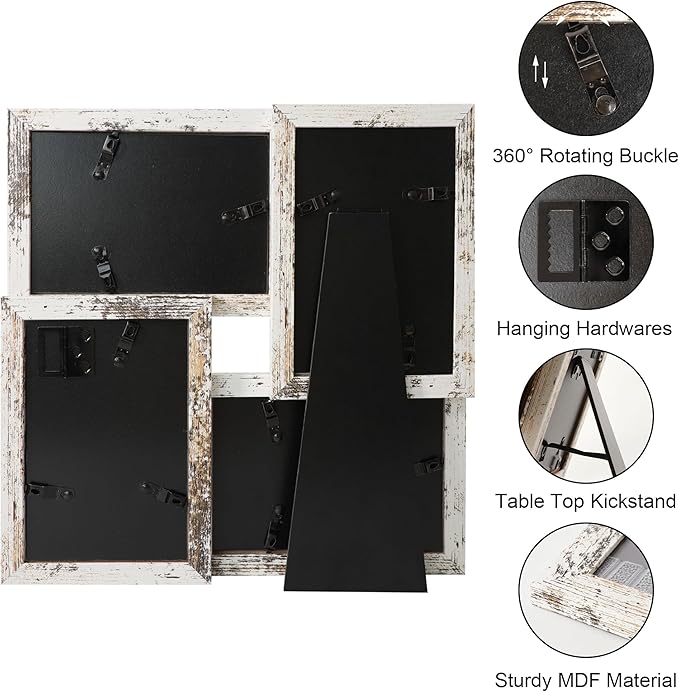 4x6 Collage Picture Frames Set of 1, Multi Family Photo Frame with Real Glass, Displays Four 4x6 Photo, Wall Decor Wall Hanging or Tabletop, Distressed White