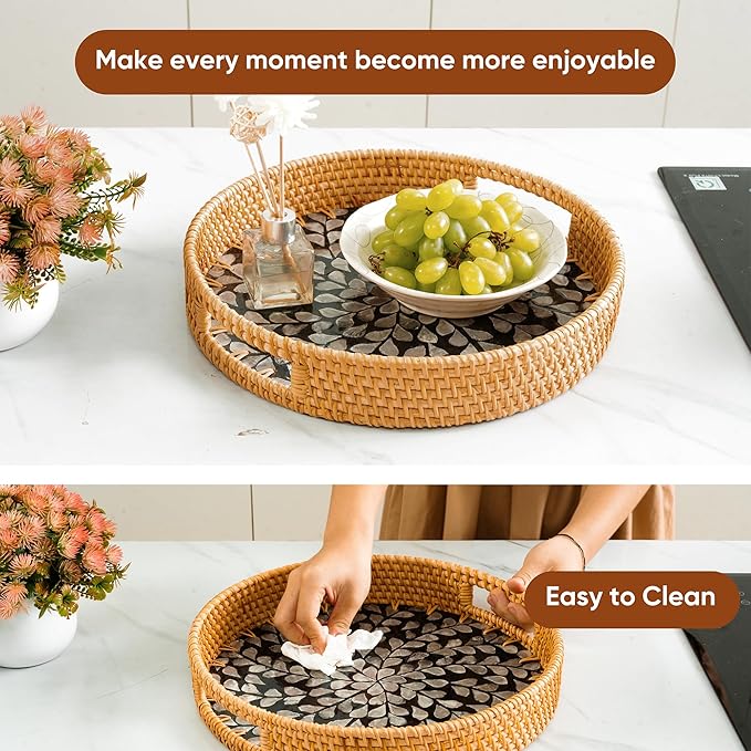 KOLWOVEN Round Rattan Tray with Handle, Rattan Serving Tray with Mother of Pearl Inlay Wooden Base, Decorative Wicker Basket for Table (Black- White Leaves)