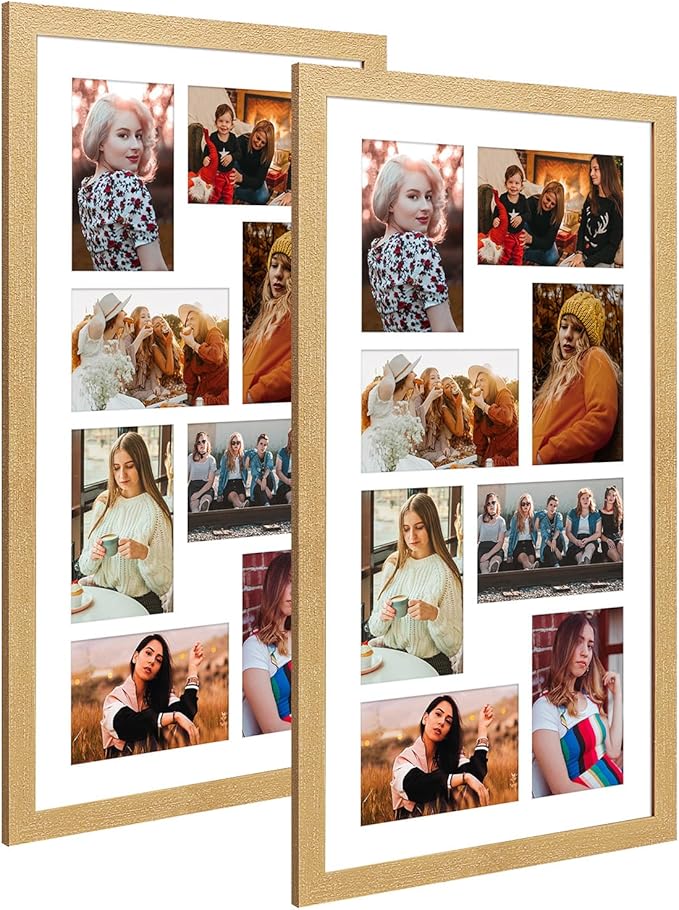 11.8x21.8 Collage frame with 8 Openings 4X6 Pictures, Multiple Picture Frame with Mat, Wall or Tabletop Decor, Natural Wood Grain,2 Pack