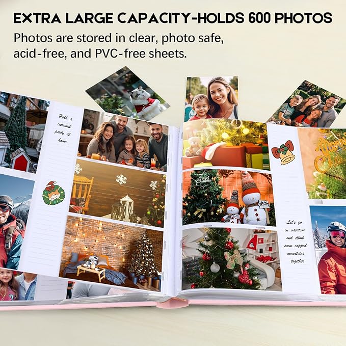 Photo Album 4x6 600 Photos with Writing Space,4 x 6 Photo Book Linen Cover with Front Window, 4x6 Picture Album 600 Photos Photo Album Book for Wedding Kids Travel Family Baby Pictures (Pink)
