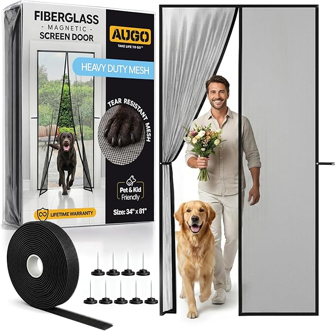 AUGO Magnetic Fiberglass Screen Door - Self Sealing, Heavy Duty, Hands Free Mesh Partition Keeps Bugs Out - Door Screen Magnetic Closure - Patent Pending Keep Open Feature - 34 Inch x 81 Inch