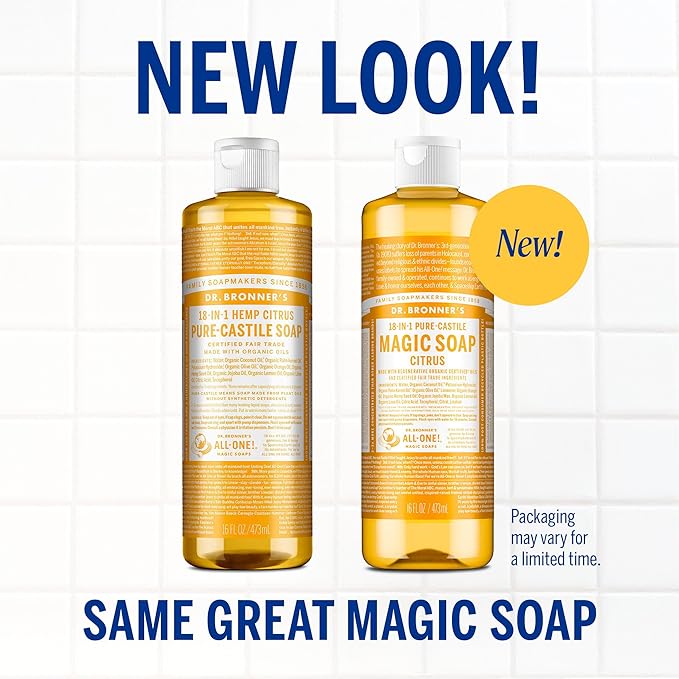 Dr. Bronner's Pure-Castile Magic Liquid Soap (Citrus, 16 Ounce, 2-Pack)- Made with Regenerative Organic Certified Oils, 18-in1 Uses: Face, Hair, Hand & Body Soap, Laundry, Pets- Concentrated, Vegan