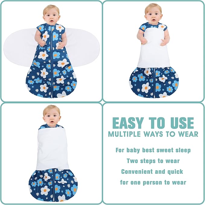 Newborn Sleep Sack Baby Swaddle,3-Way Adjustable Wearable Blanket,100% Rayon Cotton Swaddling Sleeping Bag，TOG 0.5 (Gerbera & Tulips, 3-6 Months)
