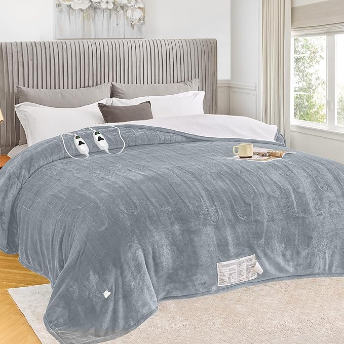 greenoak Heated Blanket Electric King Size 100"X90" Dual Control, Heating Blanket 10 Heat Levels 1/2/4/6/8 Hours Auto-Off, Soft Sherpa Warm Blanket, Dove Grey
