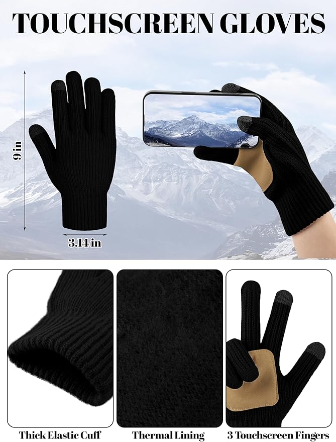 LOROME Women Winter Beanie Hat Scarf Gloves Set, Fleece Knitted Pompom Hat Warm Neck Scarf Touchscreen Gloves Winter Gift
