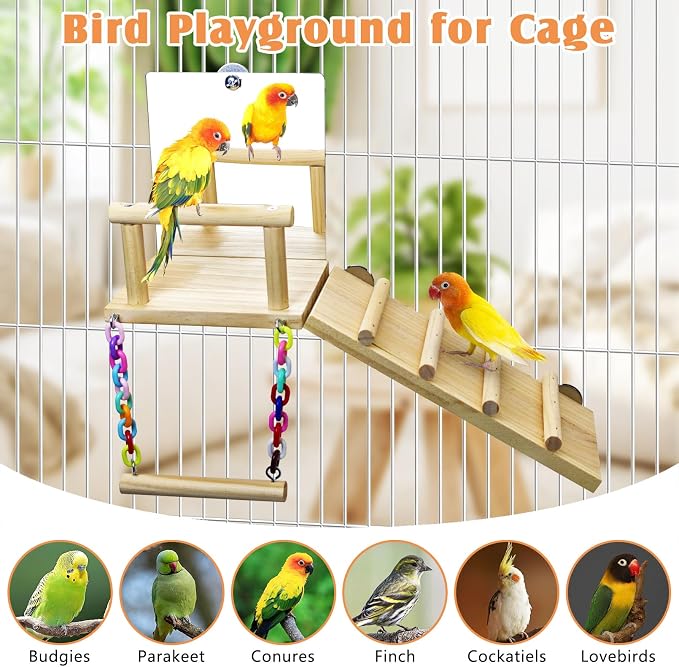BNOSDM Bird Perch Platform with Mirror, Wooden Climbing Ladder for Parakeet, Small Bird Swing Toys Parrot Cage Accessories Budgie Playground for Cockatiel, Lovebirds, Conures, Finch